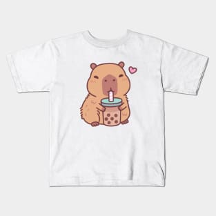 Cute Capybara Loves Drinking Bubble Tea Kids T-Shirt